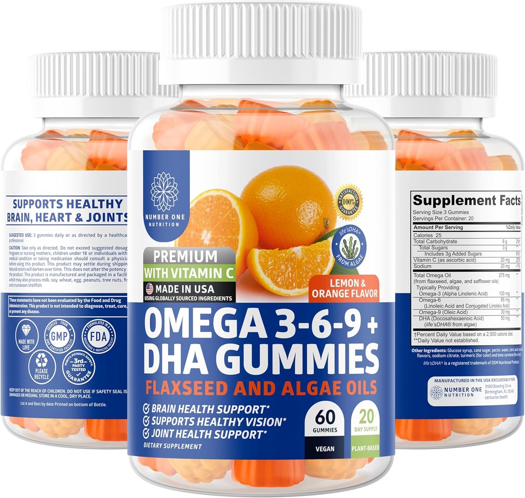 N1N Premium Omega 3 6 9 + DHA Gummies [Vegan, Plant Based] Natuurlijke hersenen, immuniteit en gezamenlijke gezondheidsondersteuning met vitamine C, 60 Gummies