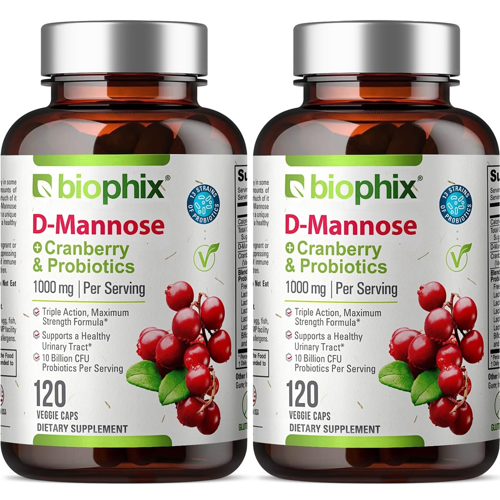 Biophix D-Mannose Capsules de 1000mg avec canneberge et probiotiques - Suppléments de mannose D pour les femmes - Pilules D-Mannose pour le traitement urinaire et le soutien de la santé Bladder - Bien-être digestif - 120 Vcaps 2 Pack