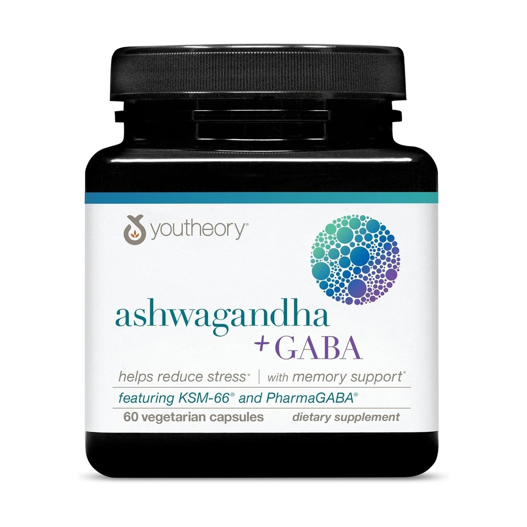 Youtheory Ashwagandha + GABA - Uses Organic KSM-66-1.000 mg Ashwagandha & 100 mg GABA - Cortisol, Energy, Stress & Memory Support Supplement - 60 Vegetarische Capsules (30 dagen)
