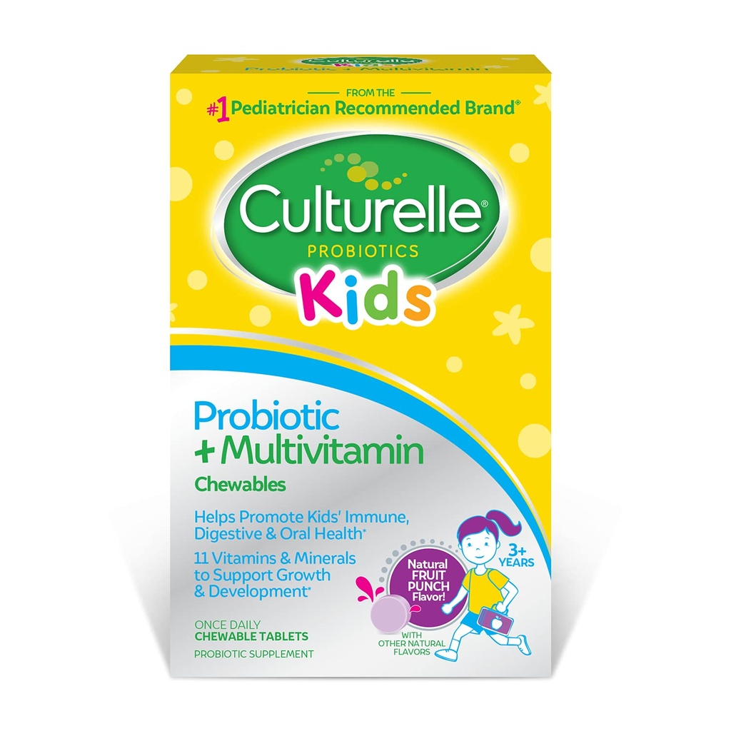 Culturelle Kids Probiotique + Complete Multivitamin Chewable pour les enfants, 3+ ans, 30 ans Compte, santé digestive, santé buccodentaire et soutien immunitaire - Avec 11 vitamines et minéraux, y compris la vitamine C, D3 et zinc