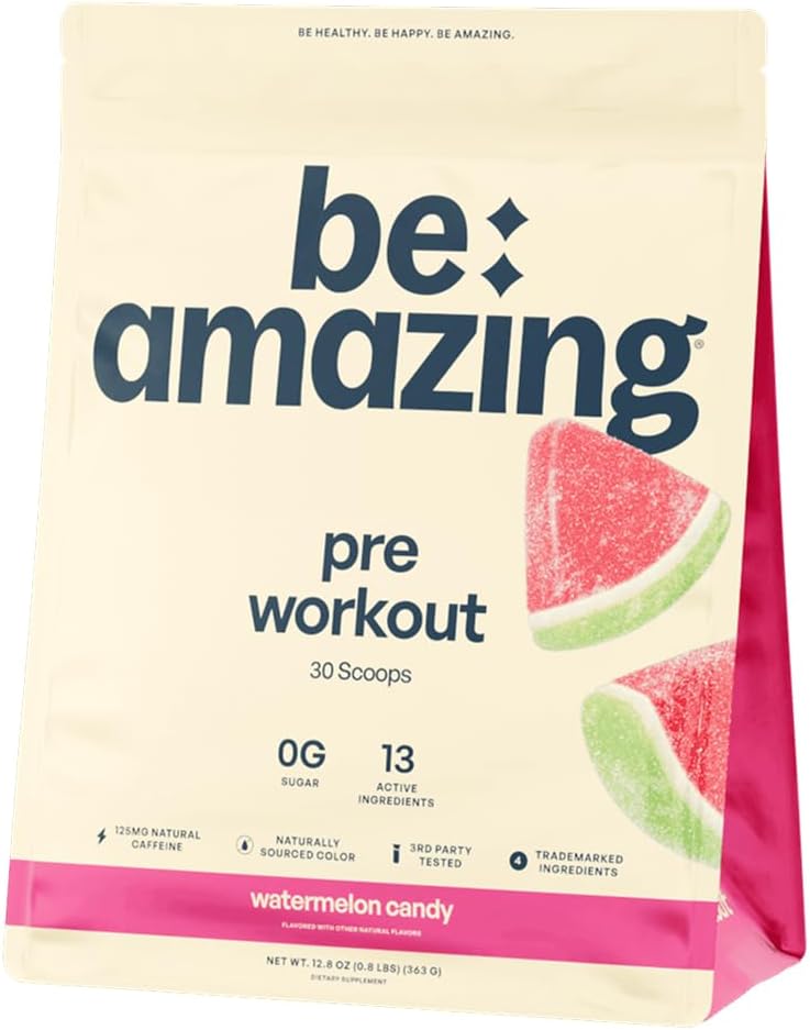 BE AMAZING Pre Workout Powder, Vegan Supplement met 125mg Natural Cafeine, Ashwagandha en Adaptogenen, Suikervrije Drinkmix voor mannen en vrouwen, Glutenvrij, Non GMO, Watermeloen Candy, 30 porties