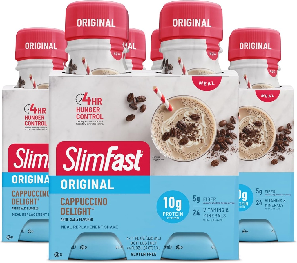 SlimFast repas de rechange Shake, Cappuccino Delight original, 10g de protéines prêtes à boire pour la perte de poids, 11 Fl. Oz bouteille, 4 comte (paquet de 3) (emballage mai vary)