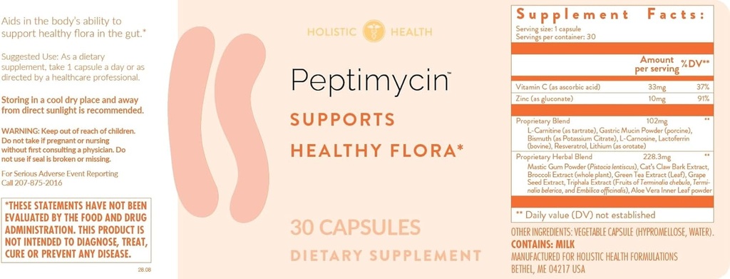 Santé holistique PeptiMycin soutient Gut Flora santé - Suppléments de santé Gut pour soutenir le système immunitaire sain et le fonctionnement gastro-intestinal - 30 capsules