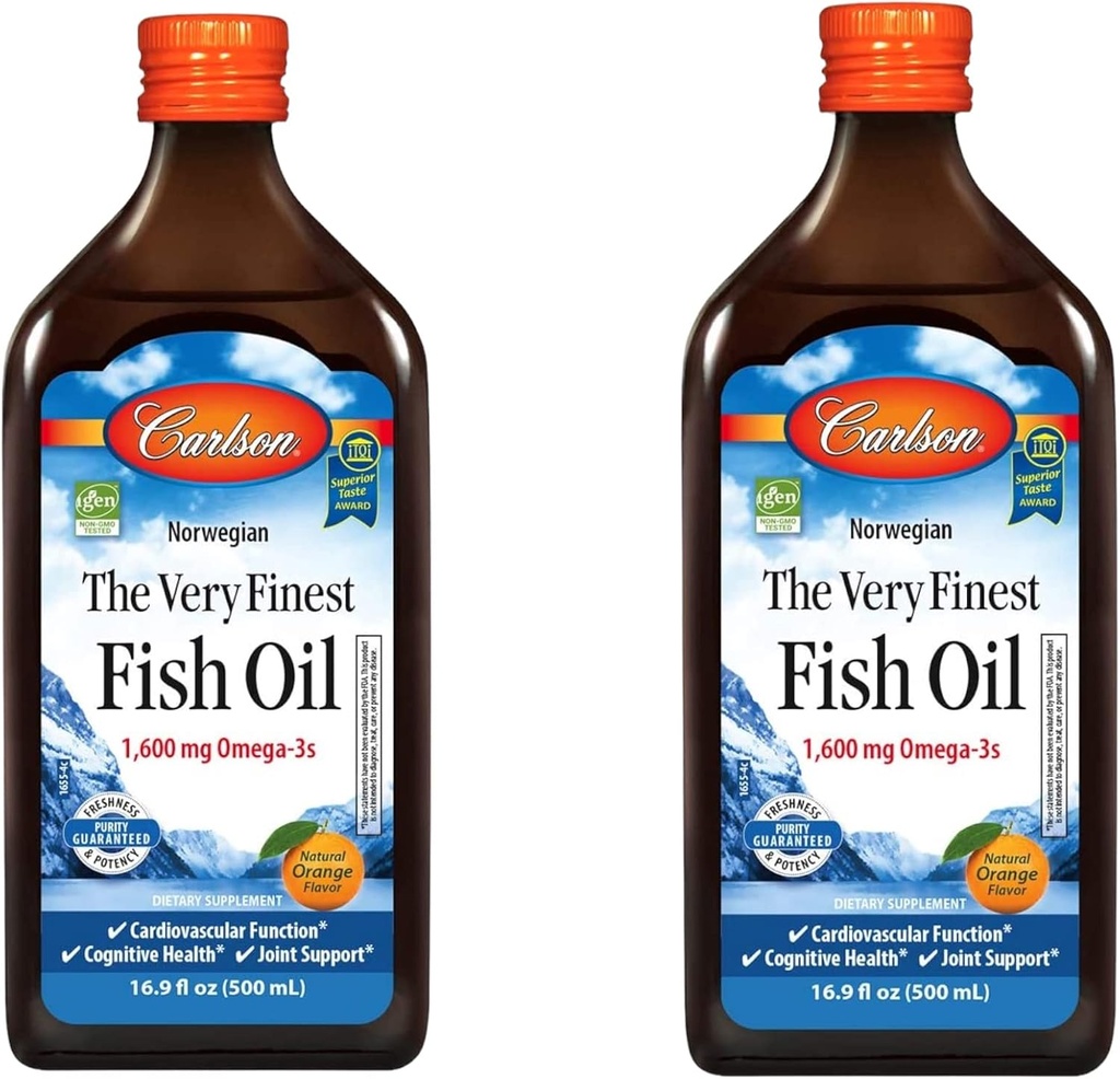 Carlson - L'huile de poisson la plus fine, 1600 mg Oméga-3s, supplément d'huile de poisson liquide, huile de poisson norvégienne, sauvage, huile de poisson d'origine durable liquide, orange, 16,91 Fl Oz (paquet de 2)