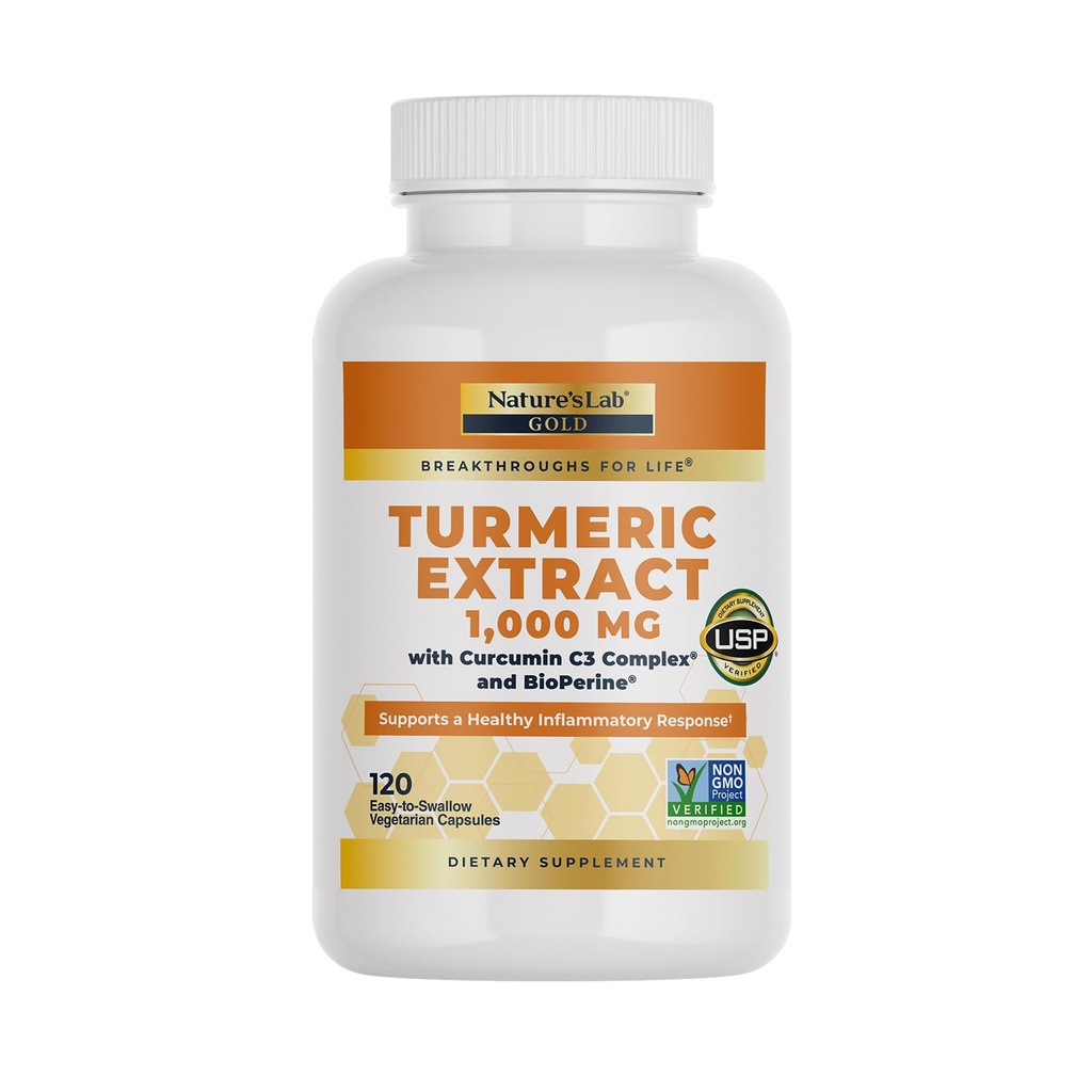 Nature's Lab Curcumin curcumin C3 Complex 1000mg - Extrait curcuma 1000mg & BioPerine 5mg Standardisé à 95%, favorise la santé cardiovasculaire, immunitaire, articulaire, de la peau - 120 Capsules (60 jours d'approvisionnement)