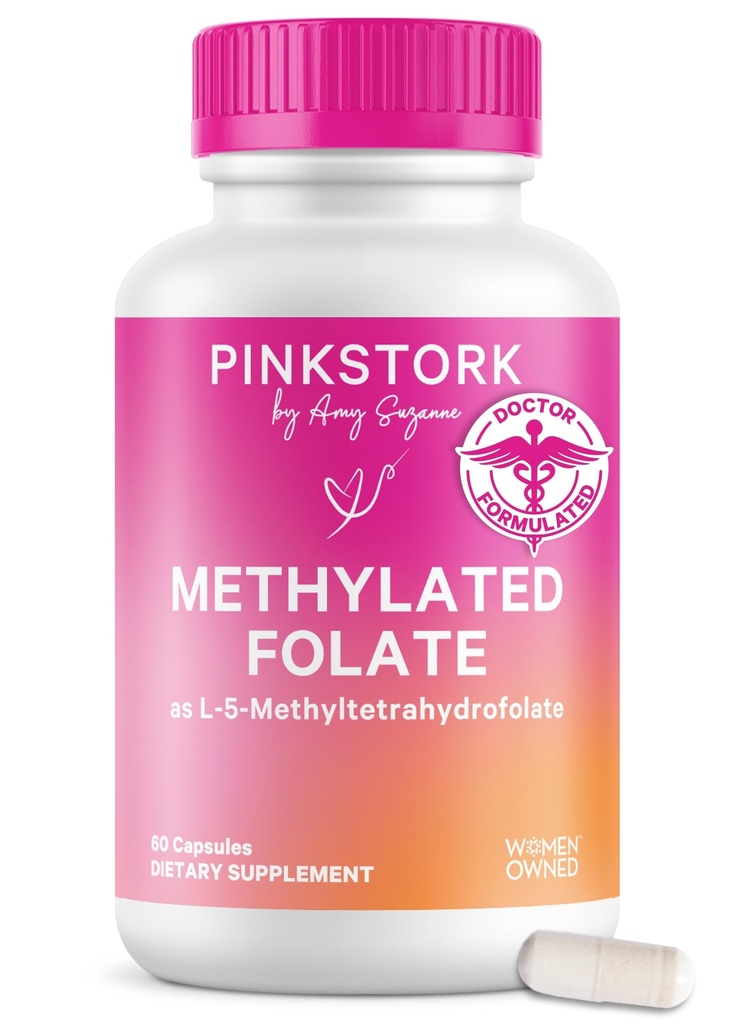 Folate de Pink Stork: Folate de méthyle - acide MTHFR, forme naturelle de l'acide folique pour la grossesse, formulé pour maman + bébé, femmes-robed, 60 Capsules (Emballage May Vary)