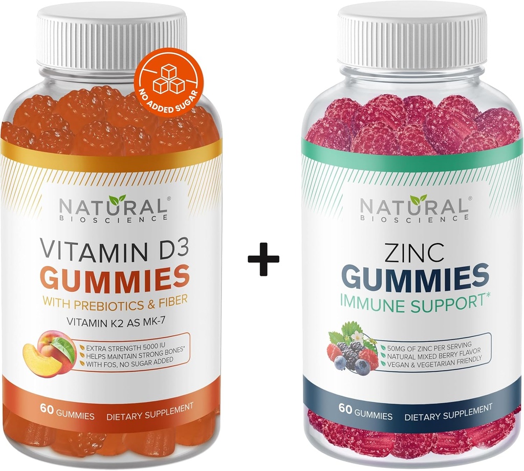 Natural BioScience Sugar Free Vitamine D3 K2 Gummies 5000 IE & Zink Gummies 50 mg, Extra sterkte, Immune Support, Botgezondheid, Hartgezondheid, Huidondersteuning, 60 Gummy Vitaminen