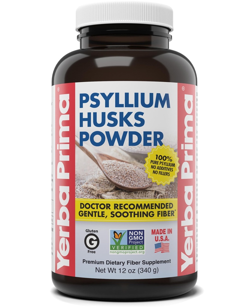Yerba Prima Psyllium Husks Poudre 12 oz - Supplément de fibre naturelle - Colon Cleanser - Gut Health - Vegan, non-OGM, sans gluten (Nouvelle étiquette - Emballage mai Varier)