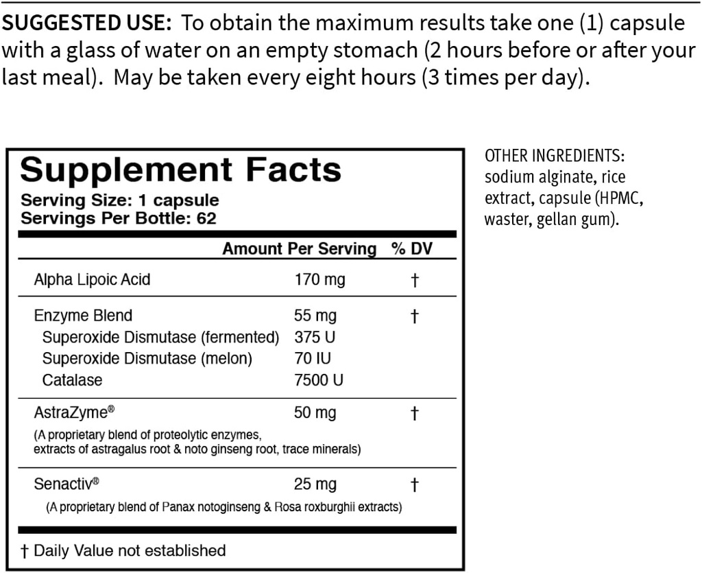 USAEnzymes YOUTHXYM 62 Delayed Release Vegetarian Capsules, Anti-Oxidant Enzyme Supplement. 170 mg Alpha Lipoic Acid (ALA) + 50 mg AstraZyme om eiwitdigestie te verbeteren.
