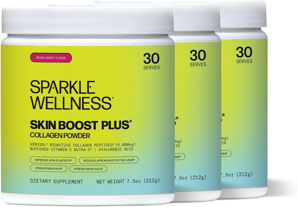 Sparkle Wellness Skin Boost Plus (Mixed Berry) [3-Pack of 30-Serves] Collageen Powder with VERISOL Bioactive Hydrolyzed Collageen Peptides, Vitamine C & Hyaluronic Acid Verbeteren van huidelasticiteit