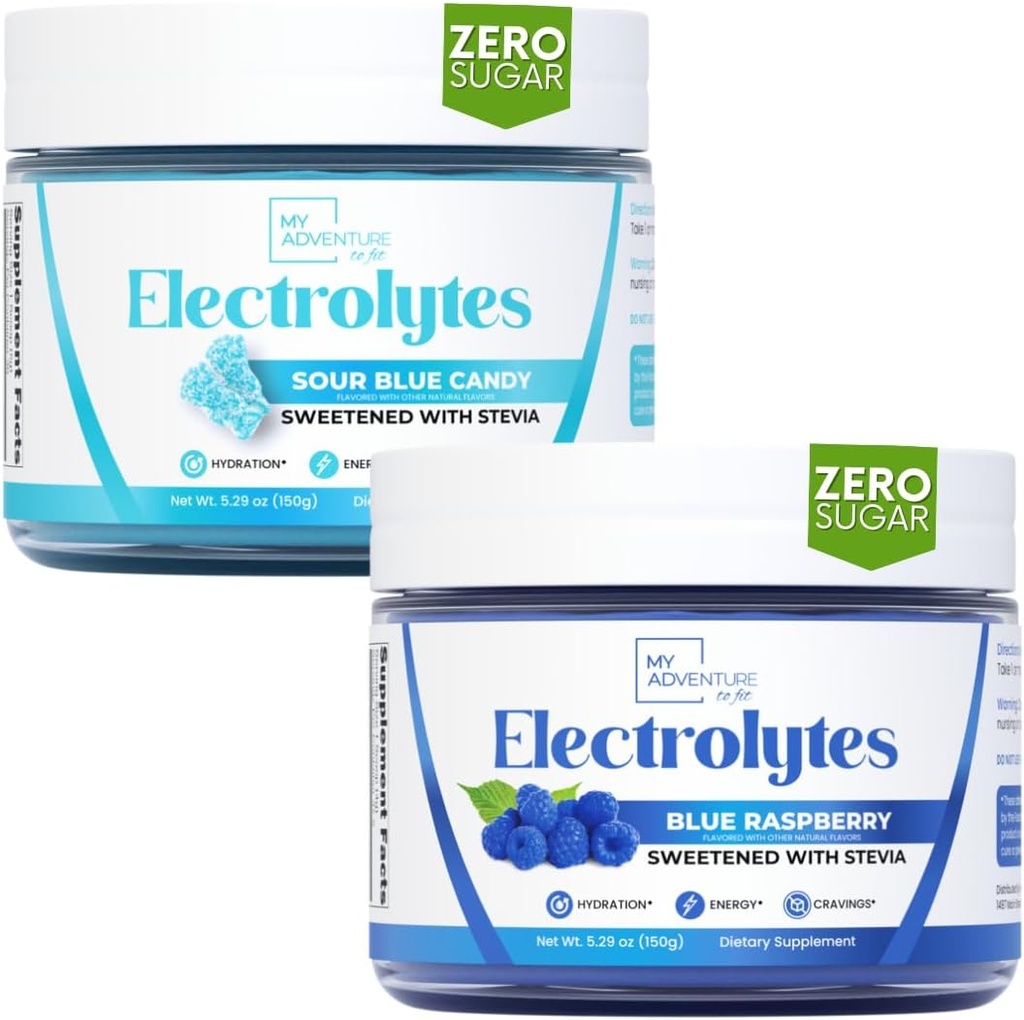 My Adventure to Fit Refreshing Hydration Electrolytes Powder with Zero Sugar, Bundle, Blue Raspberry & Sour Blue Flavors