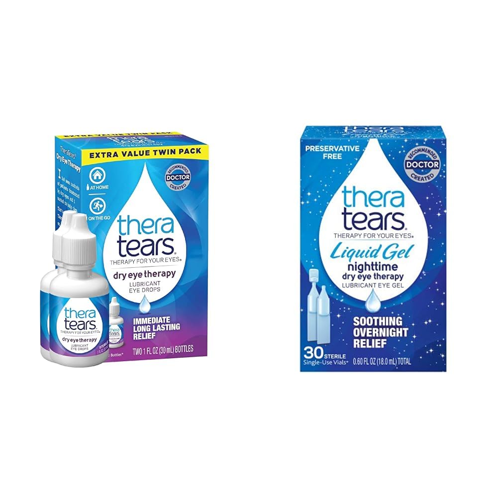 TheraTears Sec Eye Therapy Lubrifiant gouttes pour les yeux secs, 1 fl oz Bouteille Twin Pack, (2 bouteilles de 30mL) et Gel liquide Gouttes pour les yeux lubrifiants de nuit pour les yeux secs, Viaux à usage unique, 30 Compte