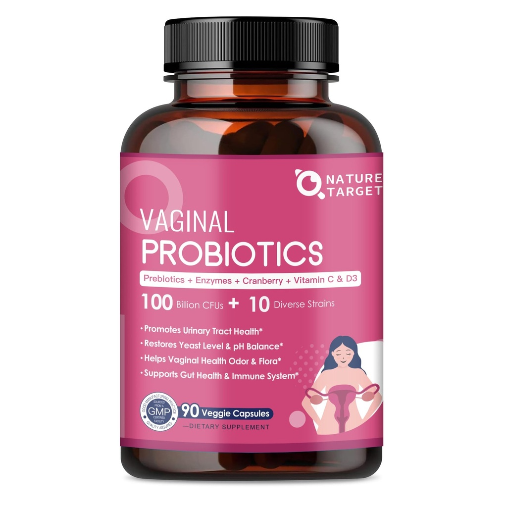 NATURE TARGET Vaginale Womens Probiotica, 100 miljard CFU Probiotica & Prebiotica met digestieve enzymen, Cranberry & D-Mannose - Ondersteunt pH-balans, Odor & Urinaire Tract Health - 90 capsules