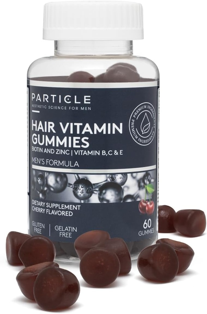 Deeltjes Mens Haar Gummies, Glutenvrij en Veganistisch supplement met vitamine C, Biotine, Zink & Vitamine B12, Mannen. Dagelijks supplement voor haar en wellness ondersteuning, Cherry smaak, 60 Gummies, 1 maand levering