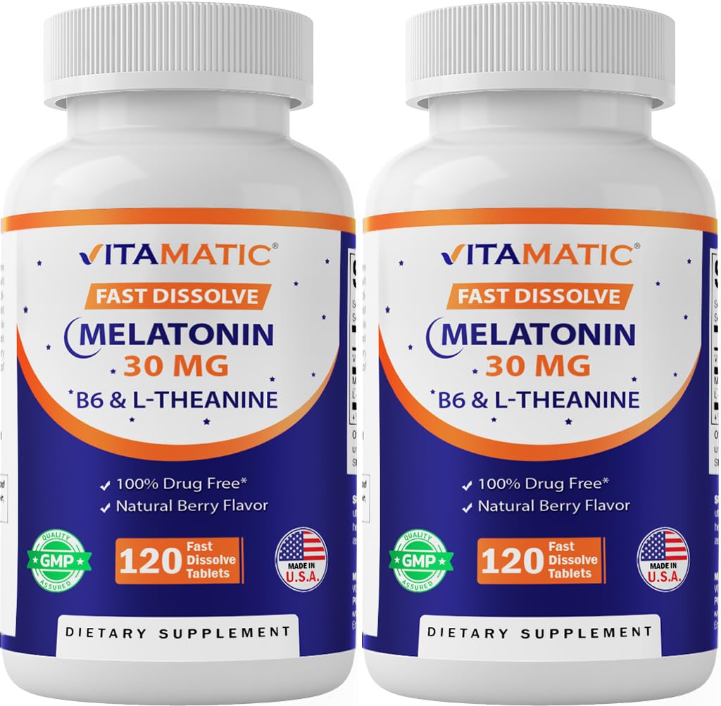 Mélatonine vitamatique 30 mg - avec B6 & L-Theanine - 120 comprimés à dissolution rapide avec saveur de baie naturelle (2 comprimés Dose = Mélatonine 60 mg) (120 Nombre (paquet de 2))