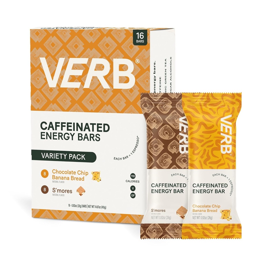Verb Caffeinated Energy Bars Variety Pack - 2 Delicious Flavors (26g, Pack of 16) 110-Calorie Delicious Low Sugar Energy Bar, Vegan & Gluten Gratis On-the Go Snack met 80mg Green Tea Cafeine