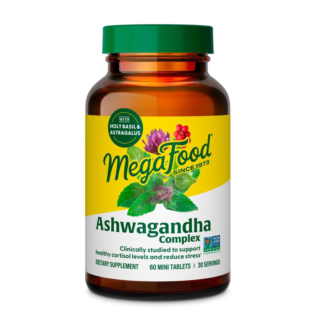MegaFood Ashwagandha Complex (Voorheen Stress Protect) - Ashwagandha Supplementen Astragalus Root & Holy Basil - Vegetarisch, Glutenvrij, Cortisol Supplement - 60 Mini Tablets, 30 porties