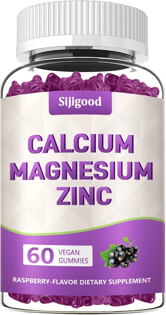 Calcium Magnesium Zink Gummies met Vitamine C D3 K2, Calcium Gummies voor Bot, Spier, Kalm & Zzz Ondersteuning, Hoge Absorptie Formule met Magnesium Zink Folate Kalium, Vlierbessen smaak 60 Telt