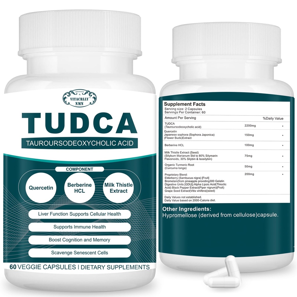 2200MG Suppléments TUDCA - Complexe de supplément de sels de bile pour la désintoxication du foie et nettoyage, nettoyage de la vésicule, santé digestive 60 capsules