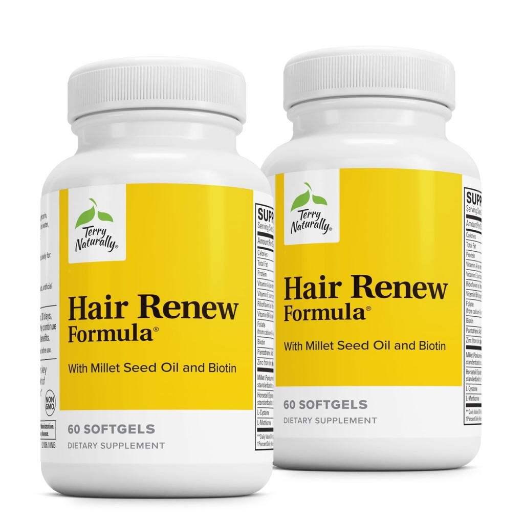 Terry Naturally Hair Renew Formula - Hair Growth Support Supplement with Horsetail Biotin & Folic Acid - Millet Seed Oil for Keratin Production Support - 60 Softgels, 2 Pack