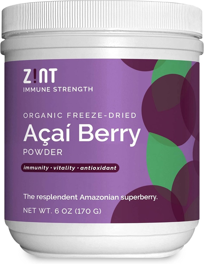 Poudre d'açai de zinc biologique : baies entières d'açai séchées au gel cru - Immune Support - Superfood Vegan Plant Protein pour les bols d'açai, les smoothies et les shakes de nettoyage, 6 oz