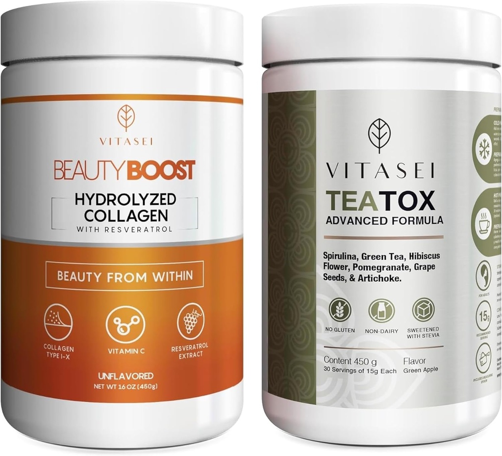 VITASEI Wellness bundel Gehydrolyseerde collageen Peptides Powder & Teatox Detox & Cleanse Support Powder 