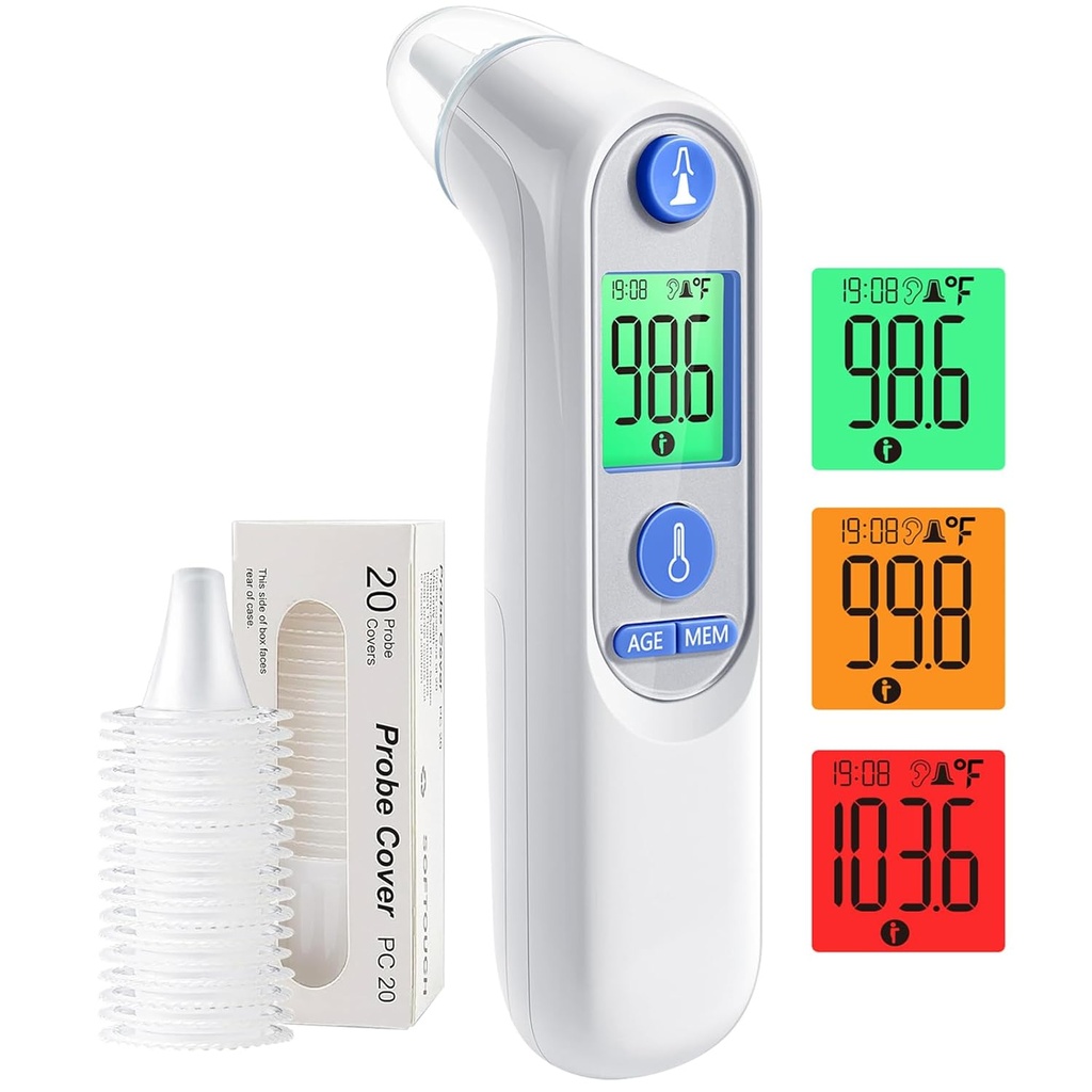 oorthermometer, digitale oorthermometer voor kinderen en volwassenen, hoge nauwkeurigheid babythermometer met 1s Resultaat, 3-kleur gecodeerd en 30 Geheugen Herinnering, gemakkelijk te gebruiken, met 21 wegwerp sonde covers