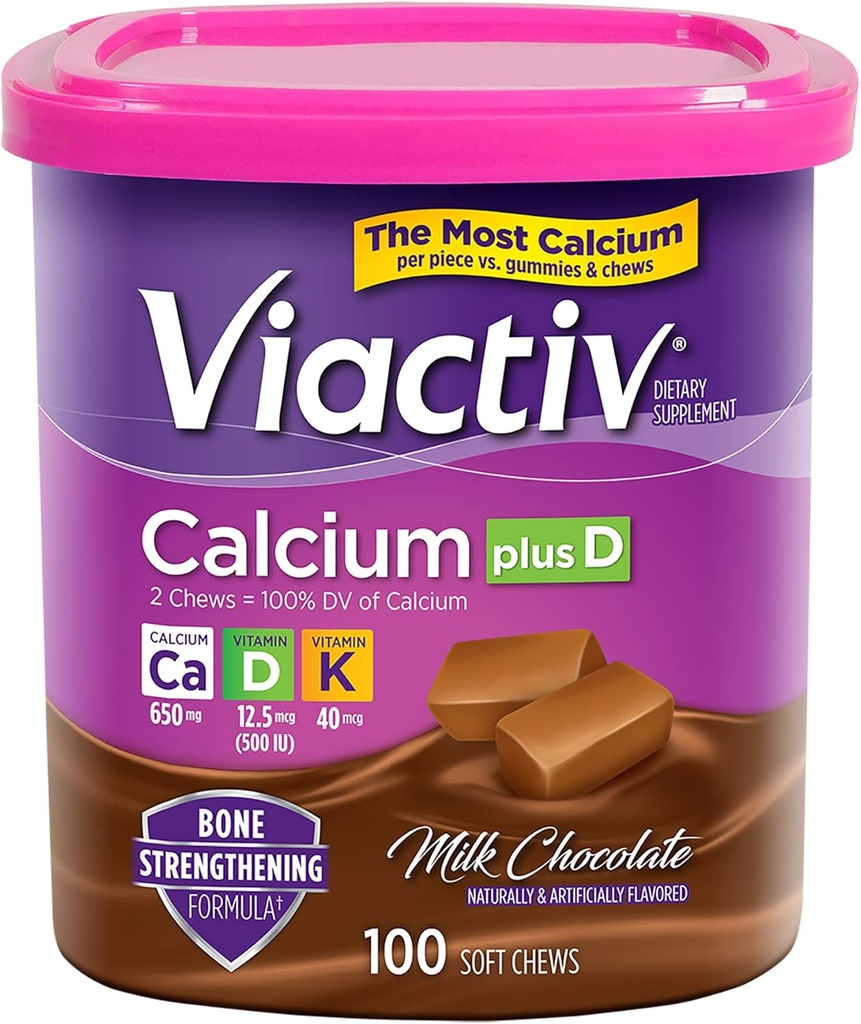 Viactiv Calcium + Vitamine D3 Supplement Zachte Kauwen, Melkchocolade, 100 Kauwen - Calcium Dieetsupplement voor Bone Health