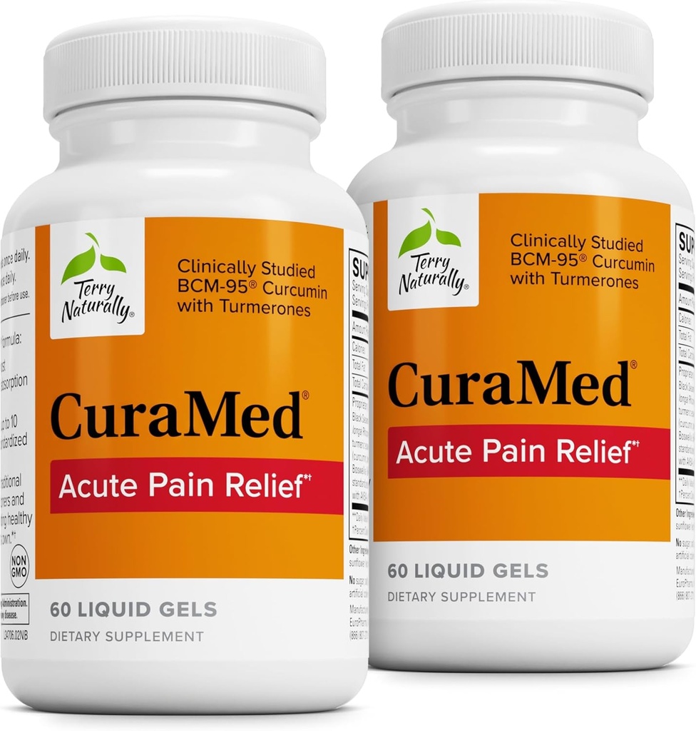 Terry Naturally CuraMed Acute Pijn Verlichting - Supplement met BCM-95 Curcumine & BOS-10 Boswellia - Zwarte Sesamzaadolie ter ondersteuning van de verlichting van incidenteel ongemak - 60 vloeibare Gels (pakket van 2)