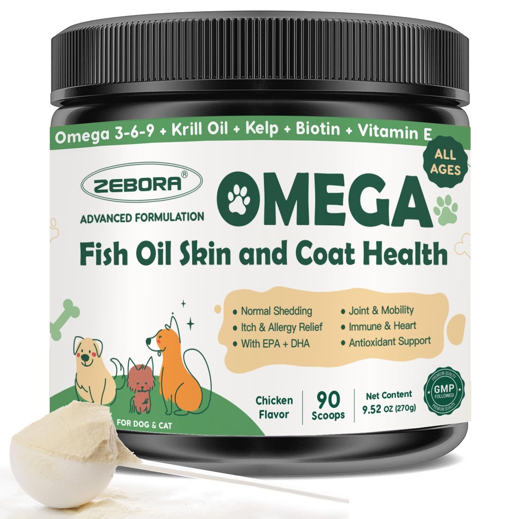 ZEBORA Omega 3 Visolie voor honden, Wild Caught Dog Fish Oil, EPA & DHA, Krill Oil, Kelp, huid en jas supplement, Anti jeuk & vergieten, ondersteuning droge huid, Joint Health, hond Allergie verlichting