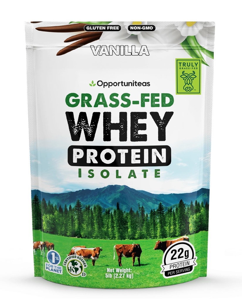 Opportuniteas Grass Fed Vanilla Whey Protein Isolate Powder - 22g Protein Powder Without Artificial Sweeteners, Hormone-Free Cows, Non GMO - 5lb