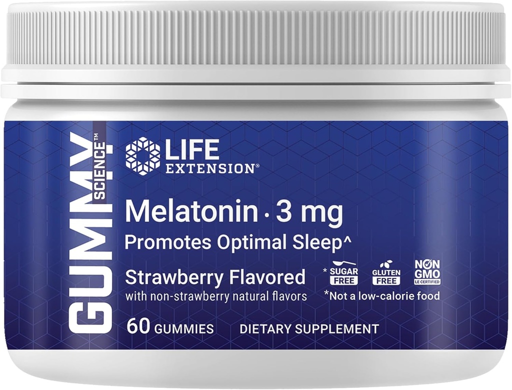 Life Extension Gummy ScienceTM Melatonine (Strawberry), 3 mg, Optimale Slaapondersteuning, Gezond circadiaans Rhythm, Cellular Defense, Glutenvrij, Non-GMO, Vegetarisch, 60 Gummies