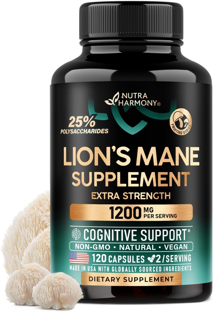 Lions Mane Supplement Capsules - Organische Lions Mane - Made in USA - Fruiting bodys Extract - 1200 mg, 25% Polysacchariden - Geheugen & Focus Support - As Lions Powder - 120 Capsules, 2 maand aanbod