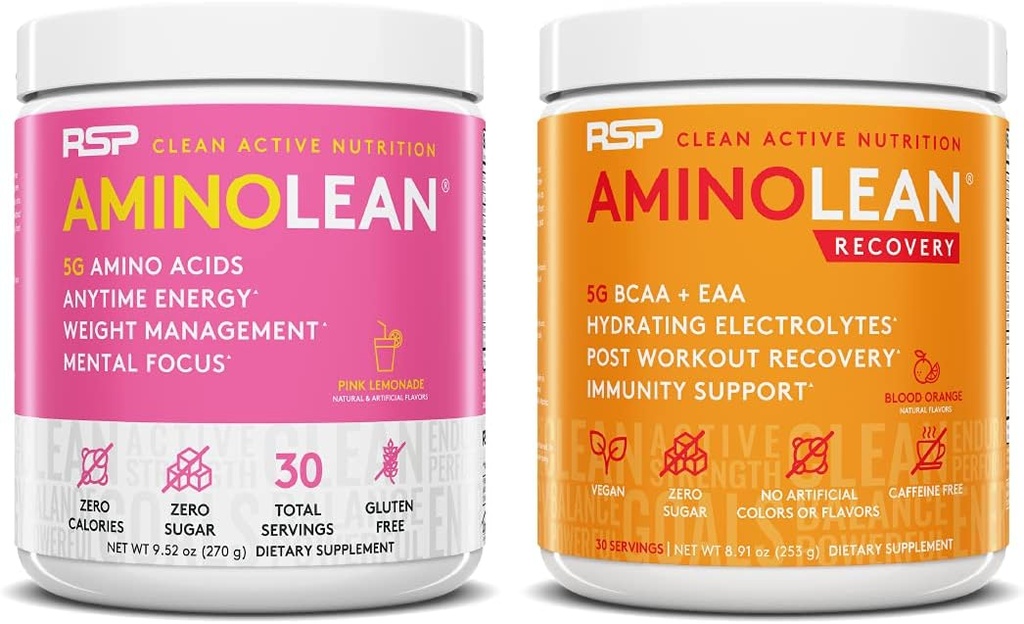 RSP NUTRITION AminoLean Pre Workout Energy (Pink Lemonade 30 Servings) met AminoLean Recovery Post Workout Boost (Blood Orange 30 Servings)