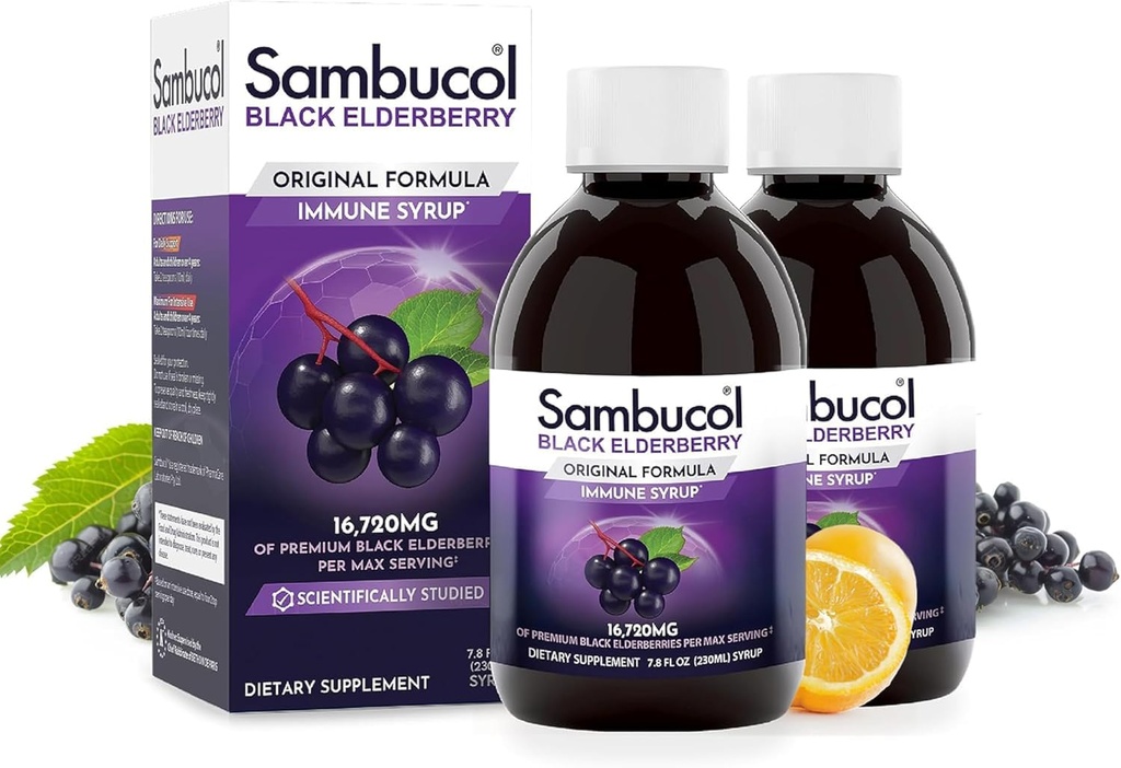 Sambucol Zwarte Vlierbes Siroop - Sambucus Siroop, Zwarte Vlierbes Liquid, Immune Ondersteuning voor kinderen en volwassenen, Hoge Antioxidanten, Glutenvrij - Originele Formule, 7,8 Fl Oz, 2-Pack