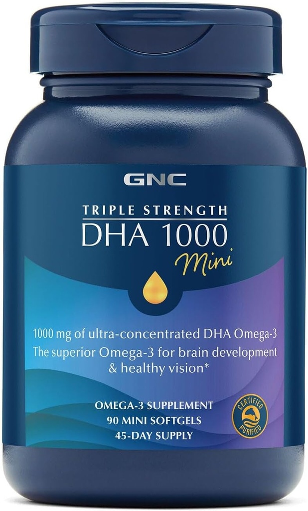 GNC Triple Strength DHA 1000 Mini Omega 3 Supplement, 1000mg, Ultra Concentrated, High Potency, Ondersteunt Hersenontwikkeling en gezonde visie, Burpless, 90 Mini Softgels, 45 SVG, 45 Day Supply