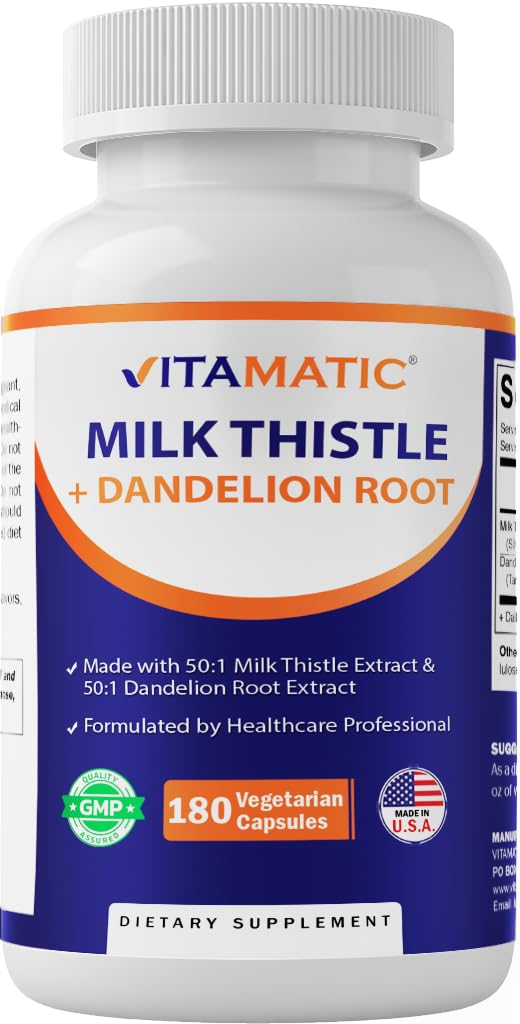 Vitamatic Milk Thistle 50:1 Extract 500mg, Dandelion Root 50:1 Extract 100mg, 180 Vegetarische Capsules, Non-GMO, Glutenvrij