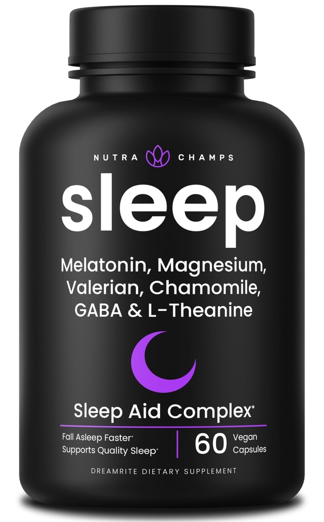 NutraChamps 10-in-1 natuurlijke slaapmiddelen voor volwassenen - Melatonine, citroenbalsem 1000mg, kamille 400mg, Valeriaan wortel 600mg, L Theanine, L Tryptofaan, GABA, Magnesium slaaphulp