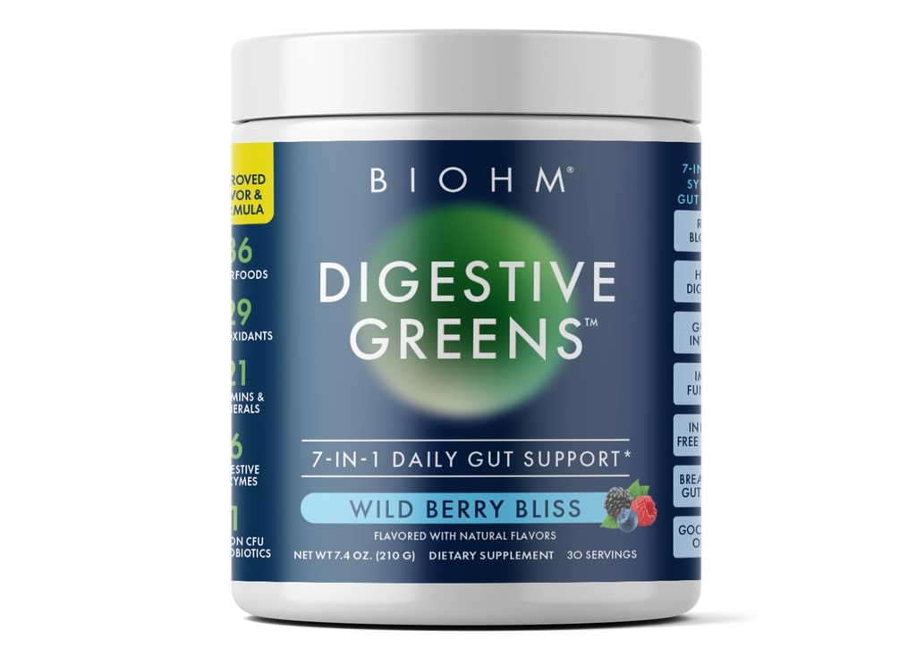 BIOHM Digestieve Greens, Green Superfood Powder (7.4 Oz, 30 Servings) Immune & Gut Health Support with Antioxidants, Vitamines, Probiotica & Enzymes, Good Source of Fiber, Berry Flavor