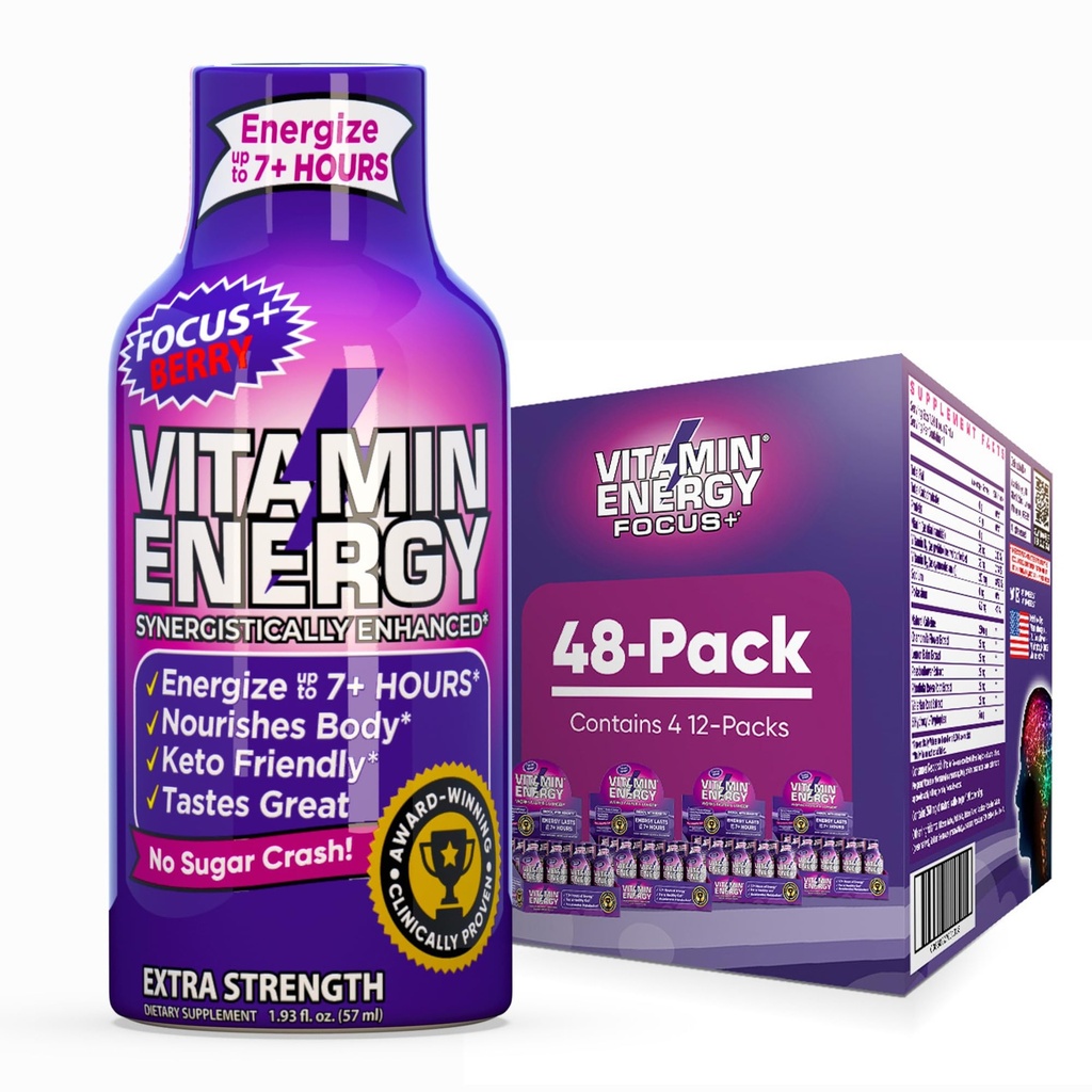 Vitamine Energie Focus+ Extra sterkte Energie Shot Berry 48 Pack, 260mg Natural Cafeine, B-Vitamins, CoQ10, Aminozuren, Focus, Productiviteit & Duidelijkheid, Zero Sugar, Gluten-Free, 1,93 fl oz
