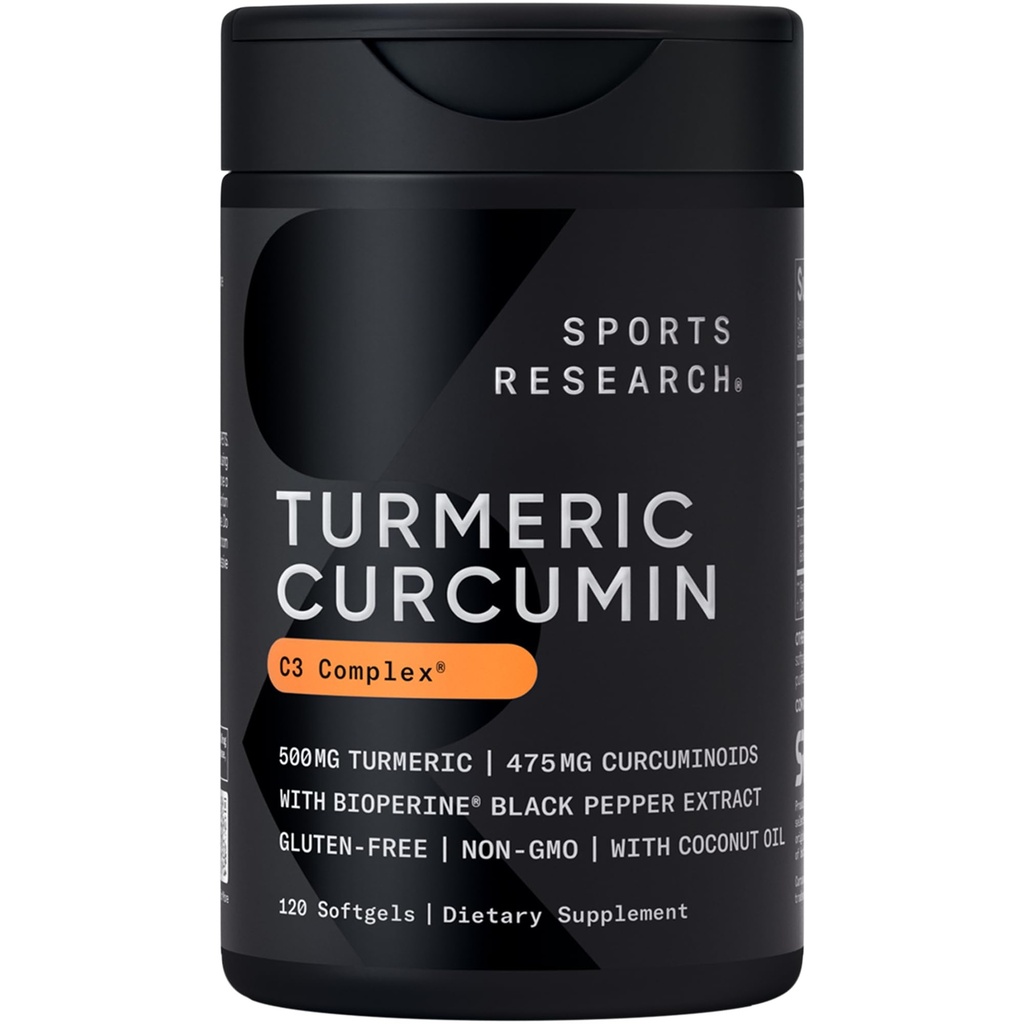 Recherche sportive Curcumine curcumine C3 complexe - Softgels avec extrait de poivre noir Bioperine et huile de coco biologique, standardisé 95% Curcuminoïdes - Non-OGM Vérifié et sans gluten - 500mg, 120 Compte
