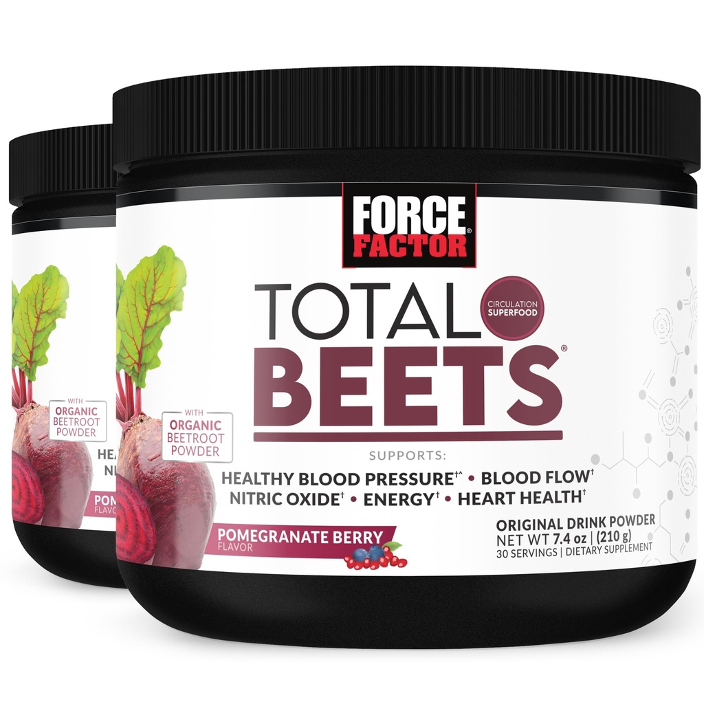 Force Factor Total Beets Drink Mix Superfood Powder with Nitraten to Support Circulation, Nitric Oxide, Energy, Endurance, and Stamina, Cardiovasculair Heart Health Supplement, 60 Servings, 2-Pack
