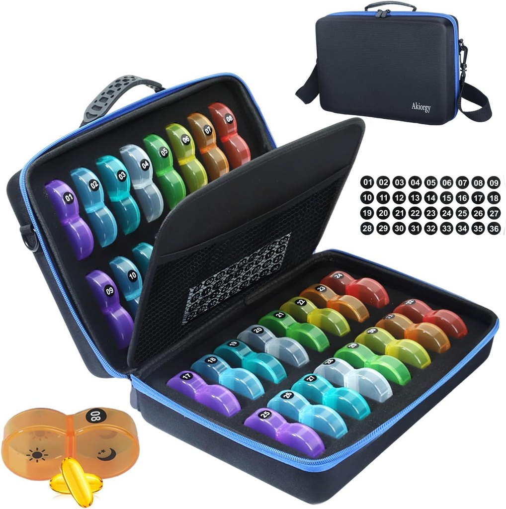 Maandelijkse Pill Organizer Box 2 keer per dag, Maandelijkse Pill Box AM PM met 32 Daily Pocket Case, Traval Pill Box met Portable Hard Case, Extra Large Medicine Box houdt vitamine, kabeljauw leverolie en supplement