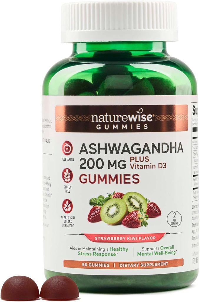NatureWise Ashwagandha Gummies - Strawberry Kiwi - KSM-66 met vitamine D3 - Calming Mood Support - Vegetarian - Non-GMO, Gelatine en Glutenvrij - 90 Tellen[45-Day Supply]