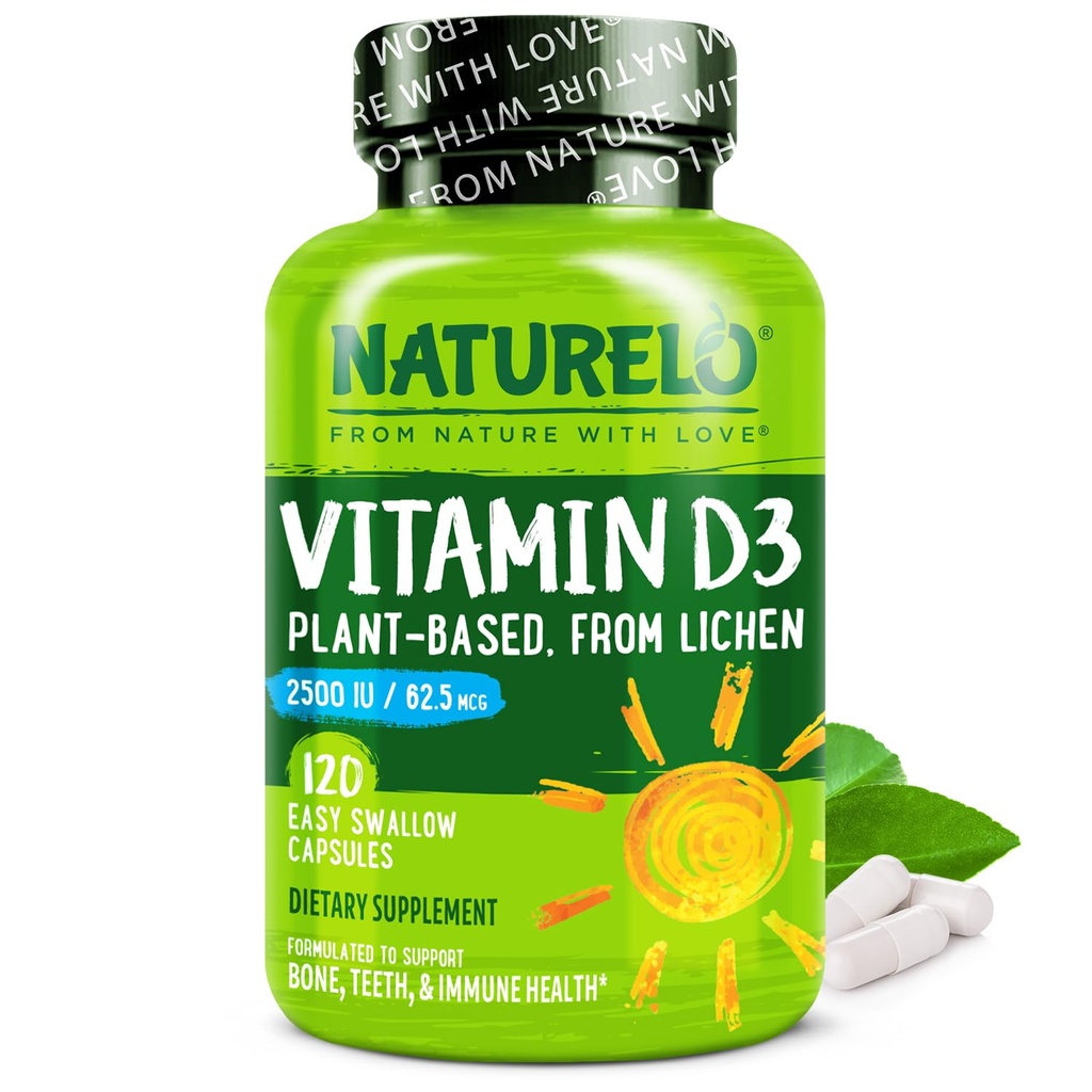 NATURELO Vitamine D - 2500 IE - Plant op basis van Lichen - Natuurlijke D3 Supplement voor het immuunsysteem, Bone Support, Joint Health - Vegan - Non-GMO - Glutenvrij - 120 Capsules