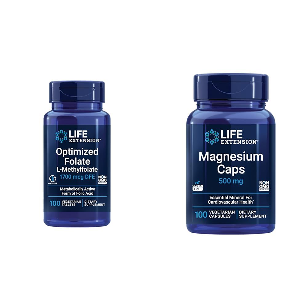 Life Extension Brain & Heart Health Folaat en Magnesium Supplement Bundle, 100 tabletten en 100 capsules