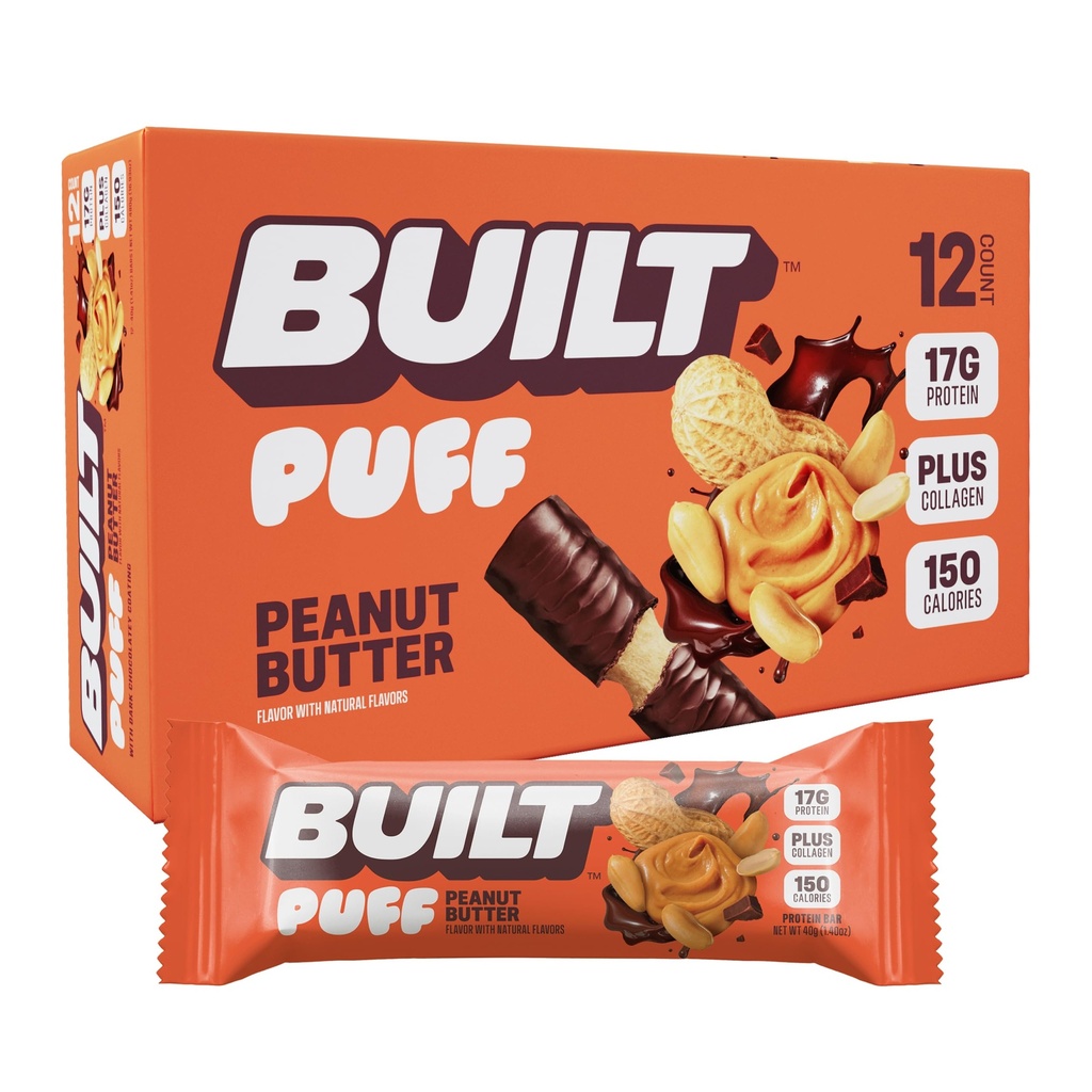 Built Bar, Puff Protein Bars, Peanut Butter Puff, 17g Proteine Snacks, On-The-Go Bars, Slechts 150 Calorieën, 6g Suiker, Collageen, Glutenvrij, 12 Tellen