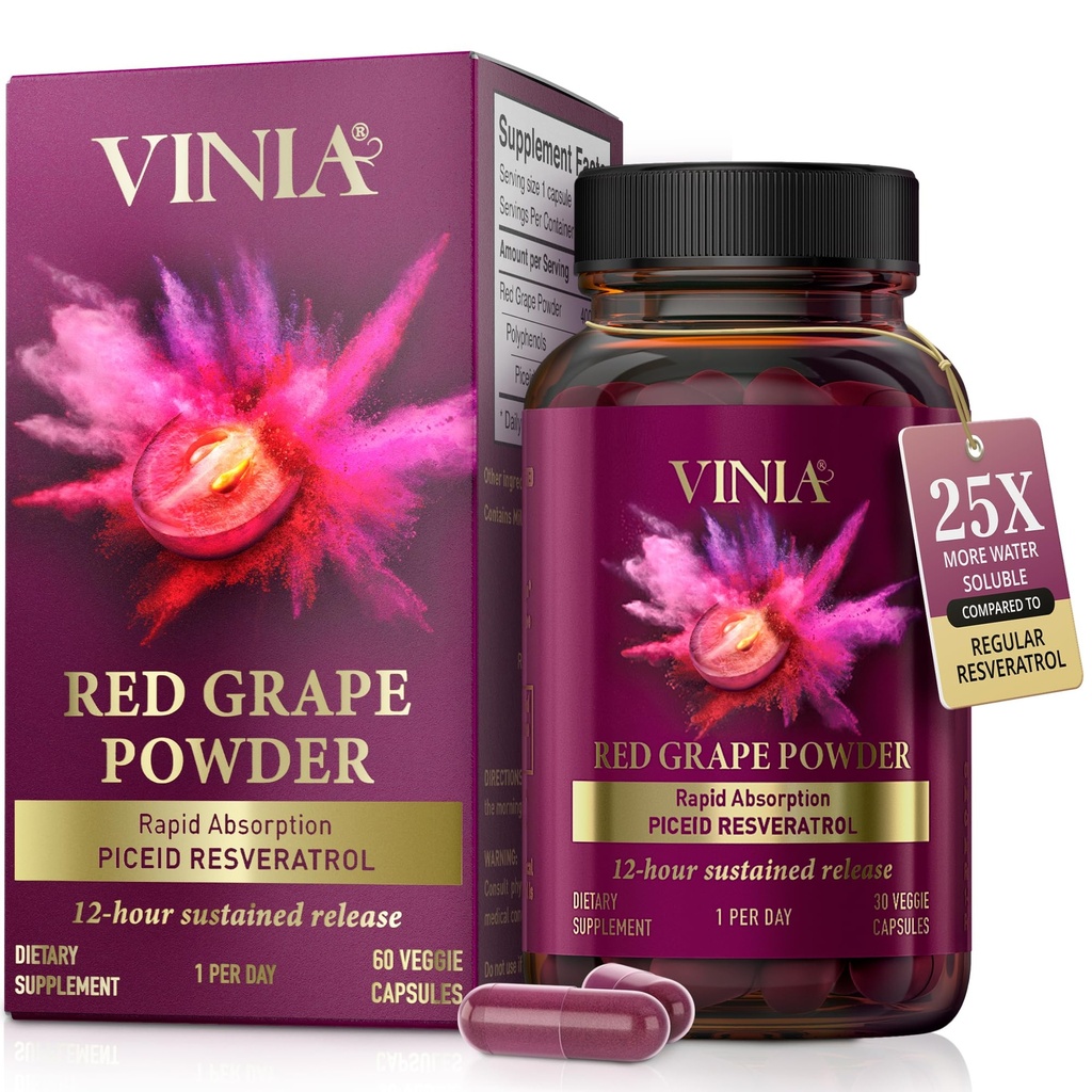 VINIA 12-Hour Long-Lasting Piceid Resveratrol Supplement. Nitrikoxide Booster. Ondersteunt Heart Health, Blood Flow, Boost Oxygen Superfood Powder, Keto Friendly. Veganistisch & niet-GMO. 60 dagen levering