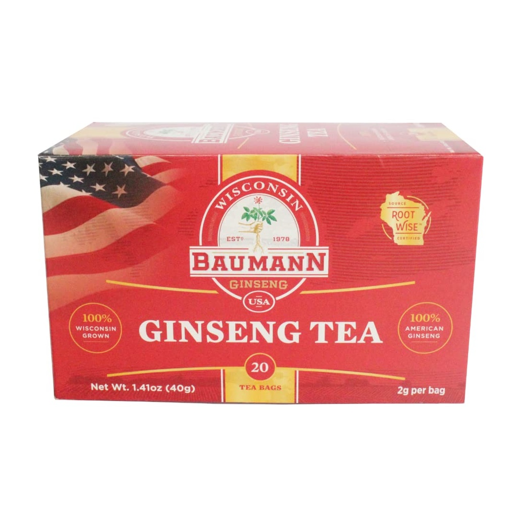 Baumann Premium American Ginseng Theezakjes (20 Theezakjes) - Authentieke Panax Wisconsin Gegroeide Panax Ginseng Kruidenthee - Gezonde Groene Thee met Antioxidant Ginsenosiden voor Enhanced Focus & Energy