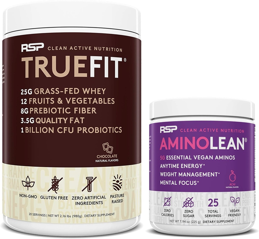 RSP NUTRITION Vegan AminoLean Pre Workout Energy (Acai 25 Servers) met TrueFit Proteïne Poeder (Chocolaat 2 LB)